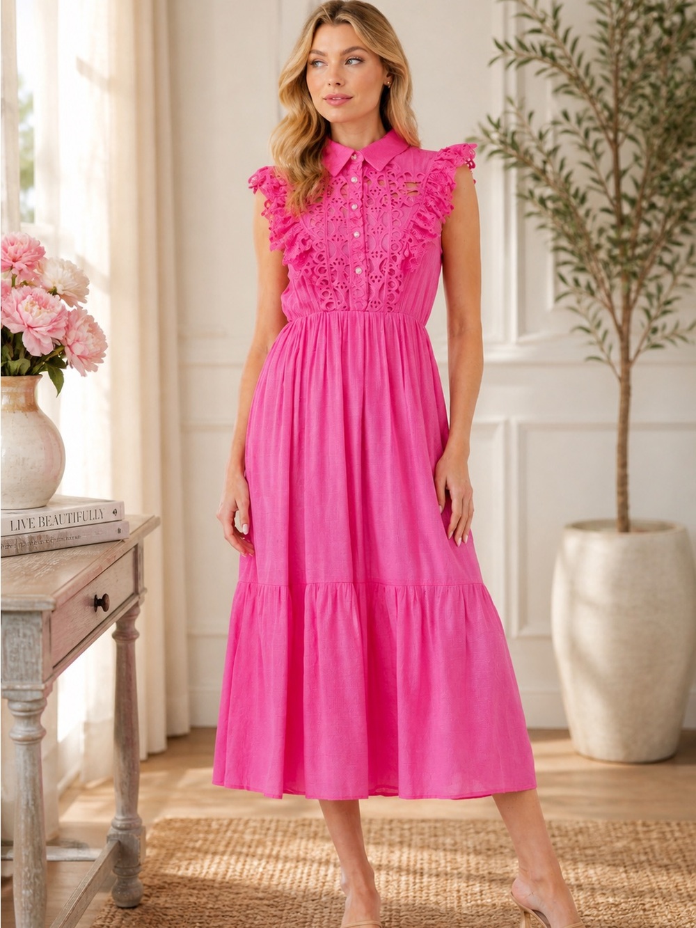 NWT ADDCONFDT Pink Lace Detail Midi Dress Size M